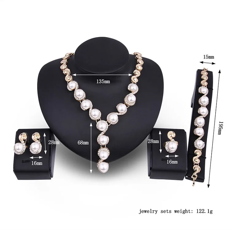 Women New 4 Pcs Fashion Jewelry Sets Luxury Saudi Gold Plated Big Pearl Pendant Dubai Crystal Wedding Gift Bridal Jewelry Set