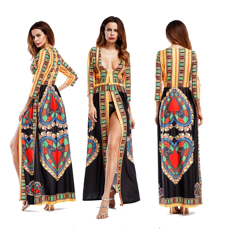 

African clothes party wear women's long sleeve high split Geometric totem printed ankara design african dresses, Floral maxi african dresses