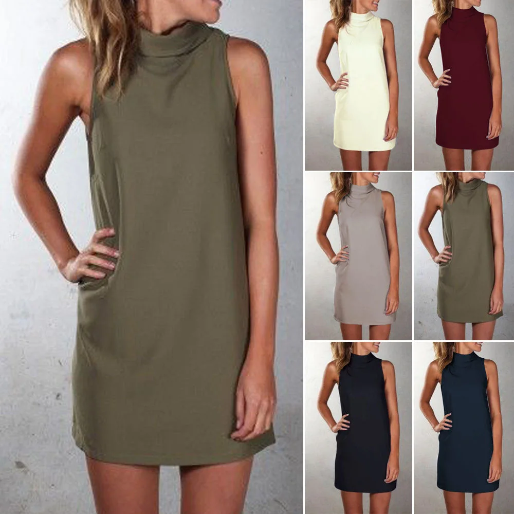 

FY 2017 women clothing summer and autumn casual high neck sleeveless dress pure color ladies long tops Eight Sizes Six Colors, White;black;grey;army green;navy blue;wine