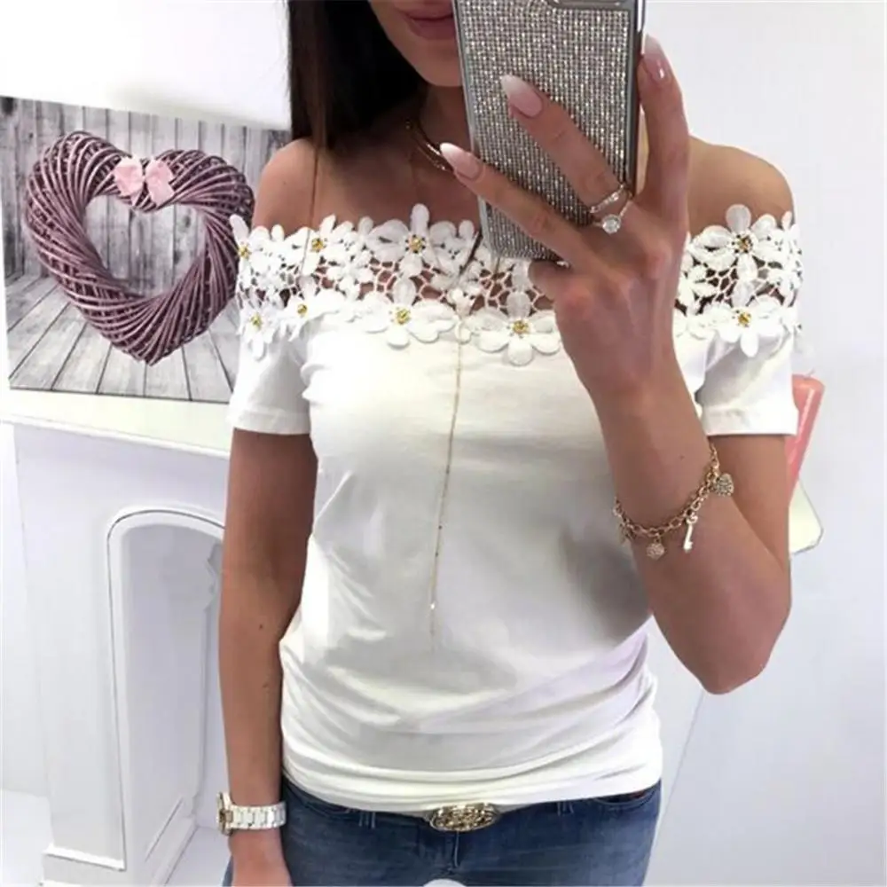 

2018 New Design High Quality Lace Polyester Off Shoulder Short Sleeve Slim Women T-Shirts 207286