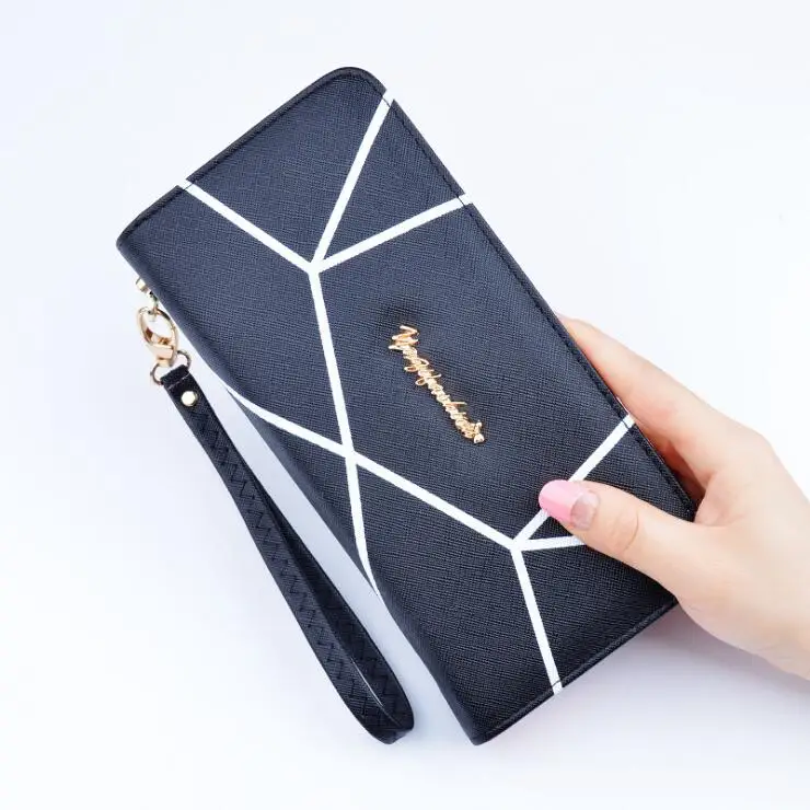 

2019 Hot sale New geometric designs long wallets lady large size zipper leather wallet, 7 colors