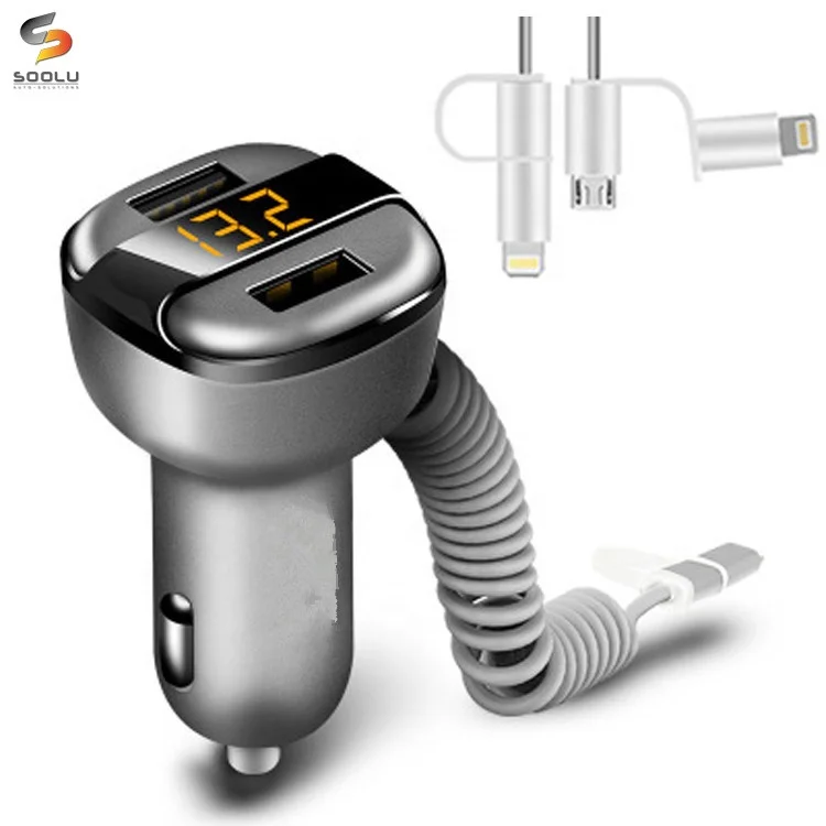 

Universal 2 in 1 Dual USB 3.4A Auto Phone Charger with LED Battery Voltage Display For iPhone iPad Android Samsung GPS, Silver