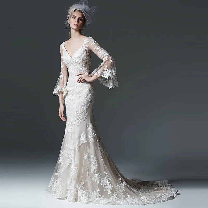 

Hot Sale Long Sleeve Sexy V Neck Wedding Dresses With Long Train, White