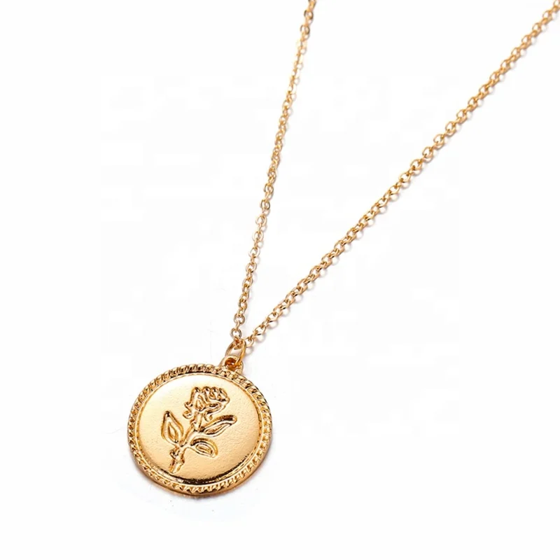 

Wholesale Dainty Fashion Women Charm Pendant Necklace Engraved Rose Flower Coin 18K Gold Jewelry