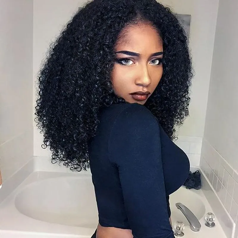 

Wholesale high quality peruvian 100% human hair wig 14inch afro kinky curly lace front wig