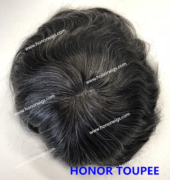 

HT424 men toupee human hair with grey hair add 15% gray hair custom toupee 6x9inch base 7x9inch swiss lace with thin skin around