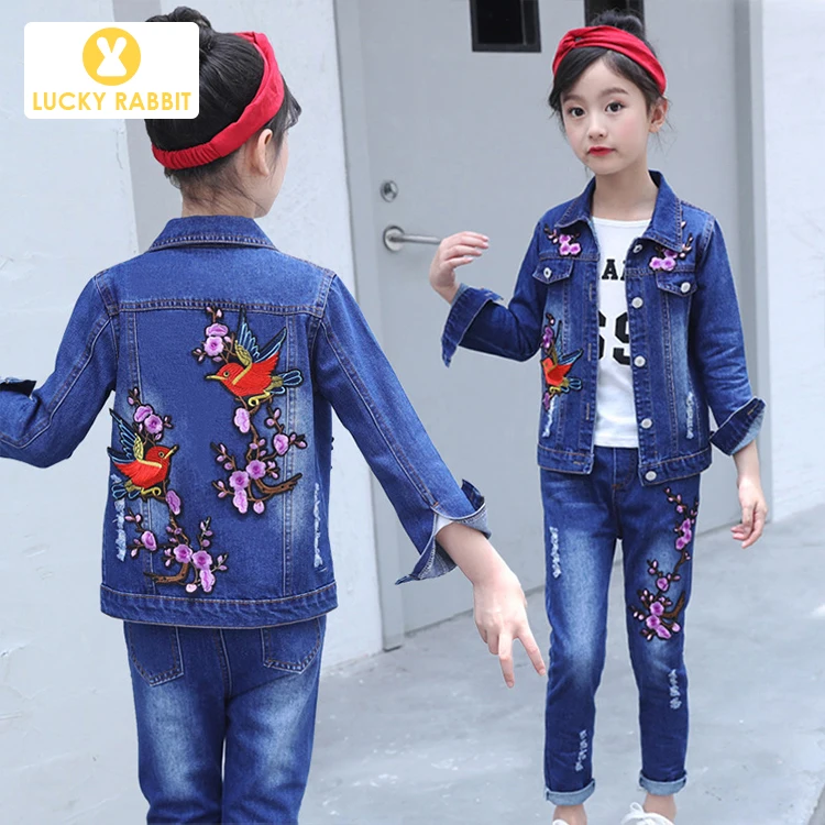 

Boutique Kids Spring Autumn Floral Two Piece Outfit Embroidery Purple Flowers Jacket Girls Denim Matching Jeans Set