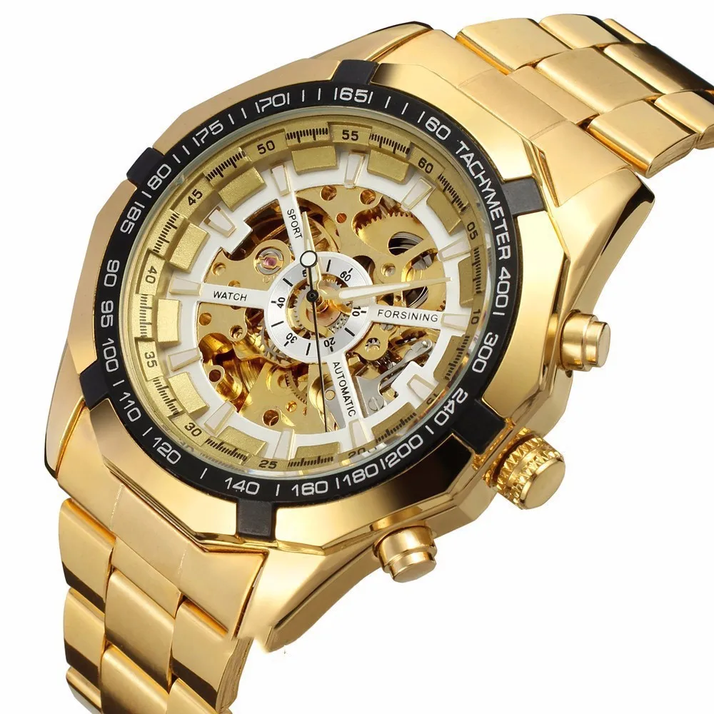 

Winner Watch Men Skeleton Automatic Mechanical Gold Vintage Watch Mens FORSINING Watch Top Brand Luxury, Black/white/gold