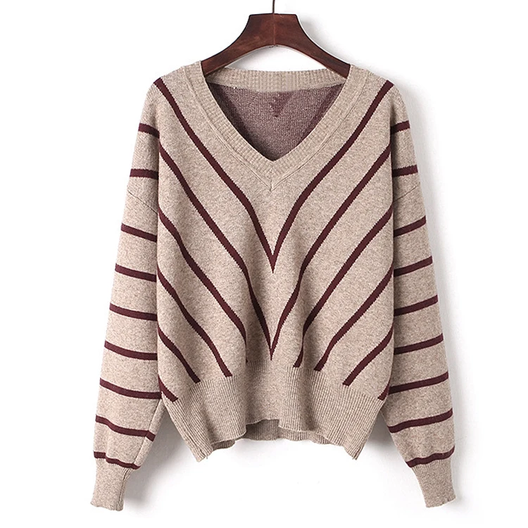 

Stock top brand jumper full body stripe sweater woman v-neck and long sleeves, Khaki;black;burgundy