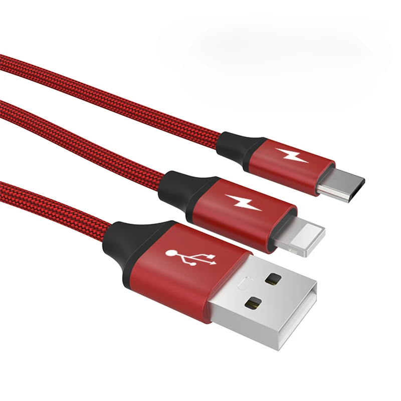 

New 2 in 1 dual purpose mobile phone charging data USB cable for iPhone for Android, Red;black
