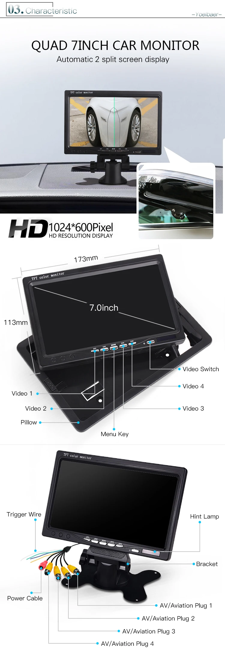 2 Split Screen Display 9-35V Rear View Car Backup Camera Monitor Kit
