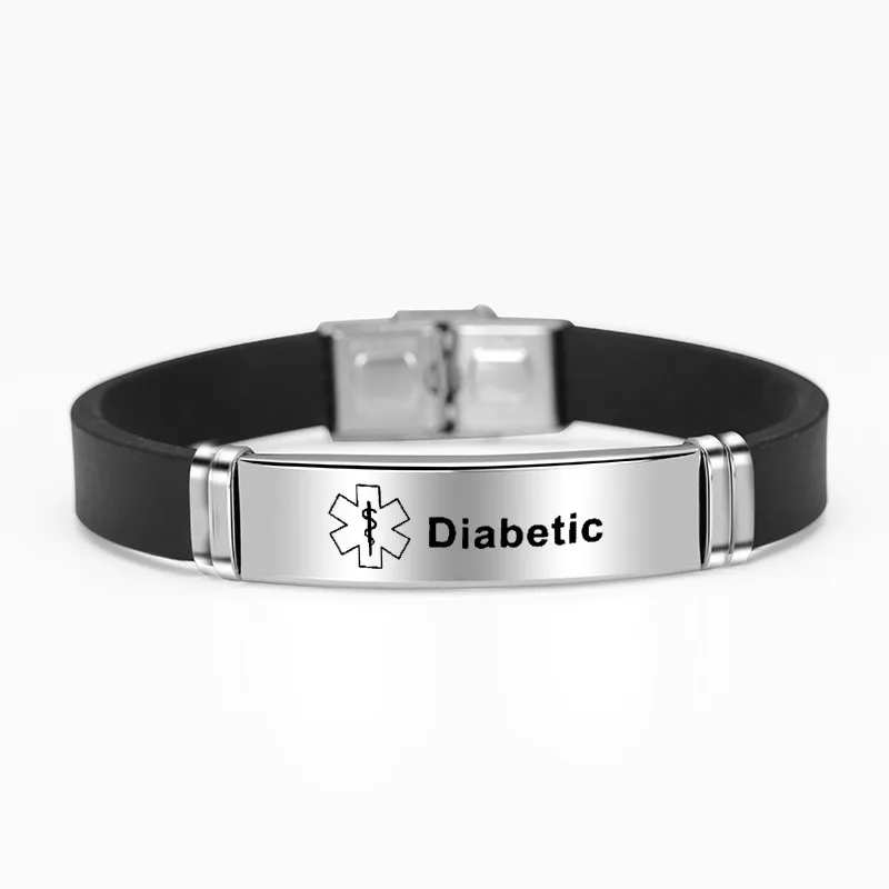 

Wholesale Custom Medical Diabetic Alert Stainless Steel Engraved Black Silicone Bracelet With Metal Clasp