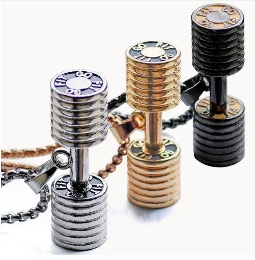 

Dumbbell Pendant Fitness Necklace Bodybuilding Gym 2 Size 3 color Crossfit Barbell Necklace Fitness Jewelry Stainless Steel Chai, Gold silver and gun color