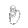 Jewelry Women Double Pearls S925 Silver Cuff Adjustable Ring For Lady