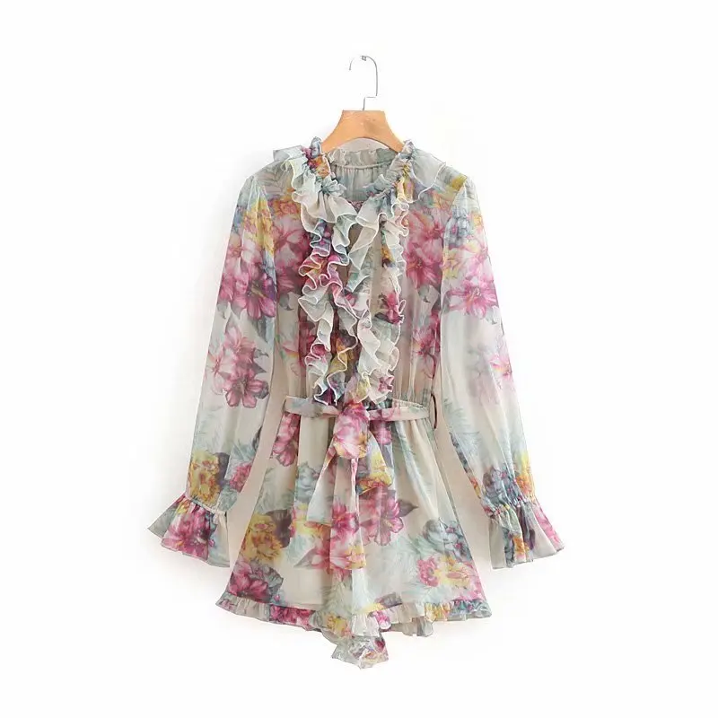 

Colorful long sleeve ruffled summer beautiful women jumpsuits and rompers with belt, N/a