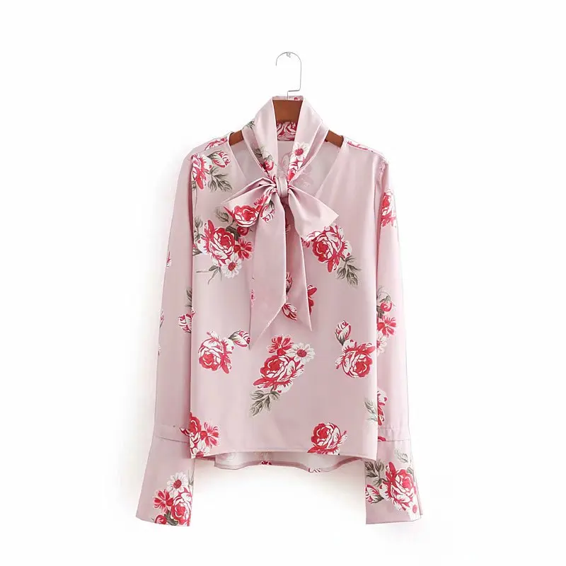 

Good quality v neck long sleeve women floral printed chiffon blouse with bow tie