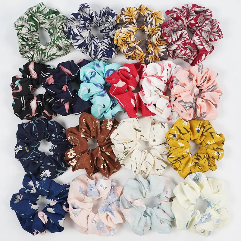 

50 pcs/lot Top Quality Chiffon Hair Scrunchies Wholesale Floral Flamingo Print Elastic Hair Band Girls Ponytail Holder Head wear