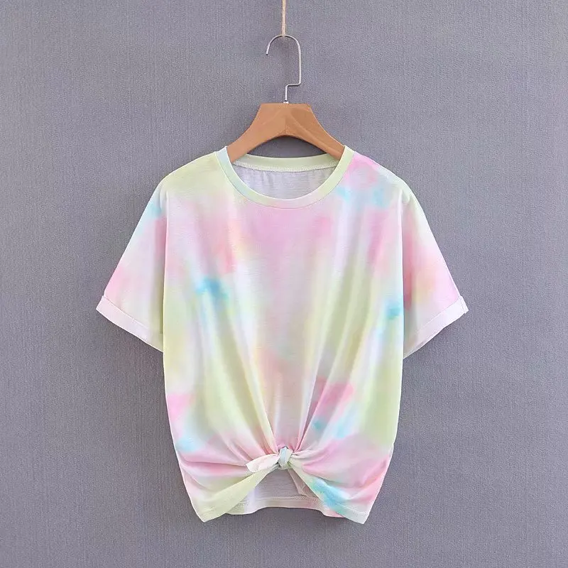 

Simple design front bow tie short sleeve o neck woman neon t shirt