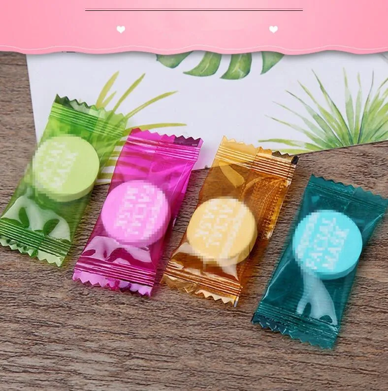 

Y939 Nonwovens Compressed Face Mask Moisturizing Disposable Cotton Facial Masks Colored Candy Wrapper Compressed Facial Masks, As pic