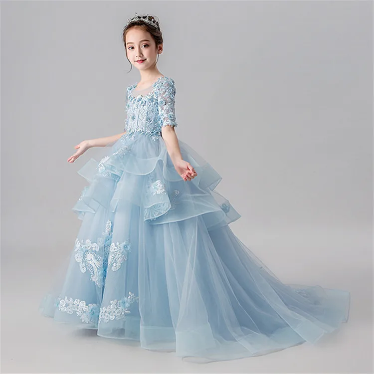 Luxury Appliques Flower Girls Dress Children Wedding Dress Kids Party Long Gown Princess Dress Elegant clothing