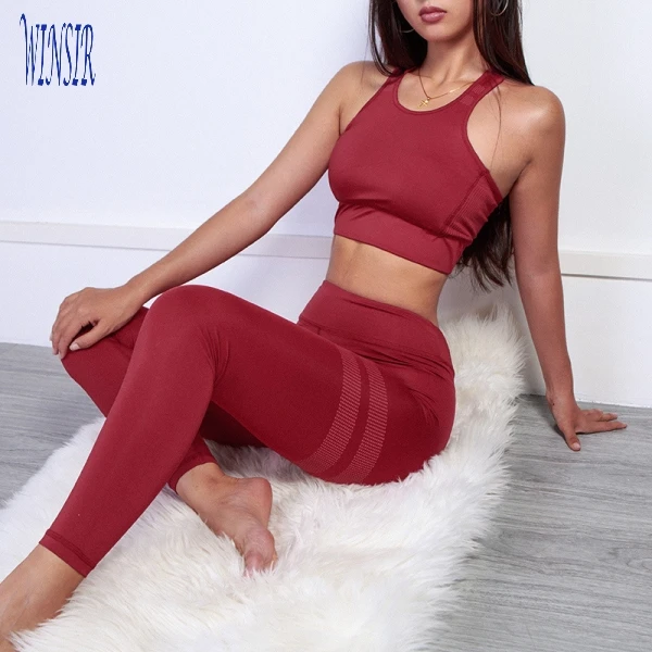 

Sexy High Waist Gym Tights For women Running Sports Fitness compression workout yoga pants leggings and crop top sleeveless Set, Red;black with one leg of two bands
