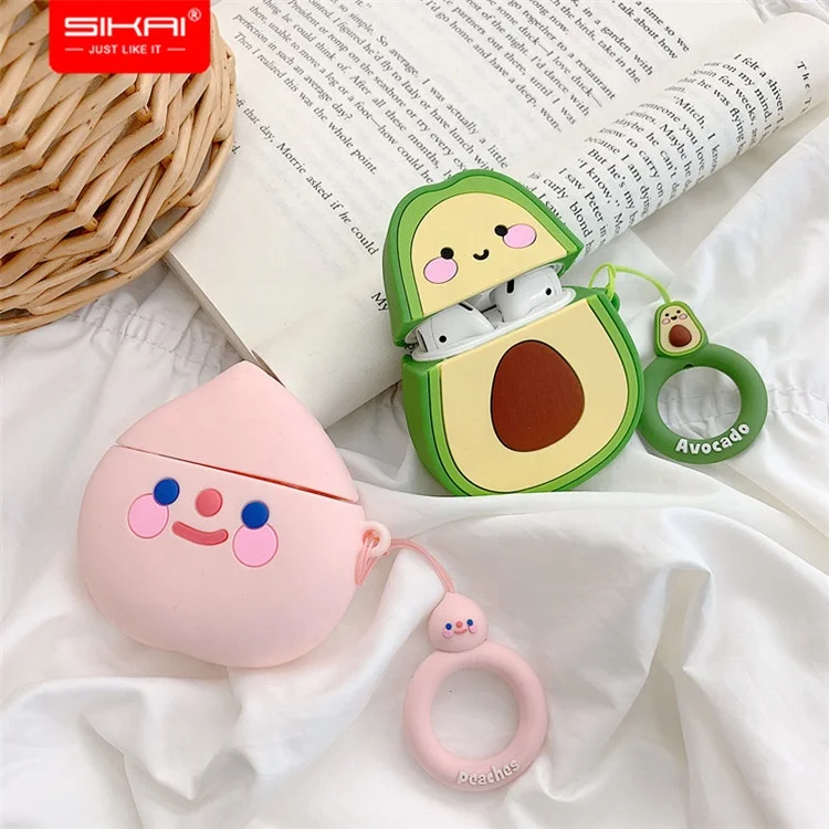 

2019 NEW Cute Suitcase strawberry peach avocado design Anti-lost Cover for Airpods Silicone case with Finger Ring Strap