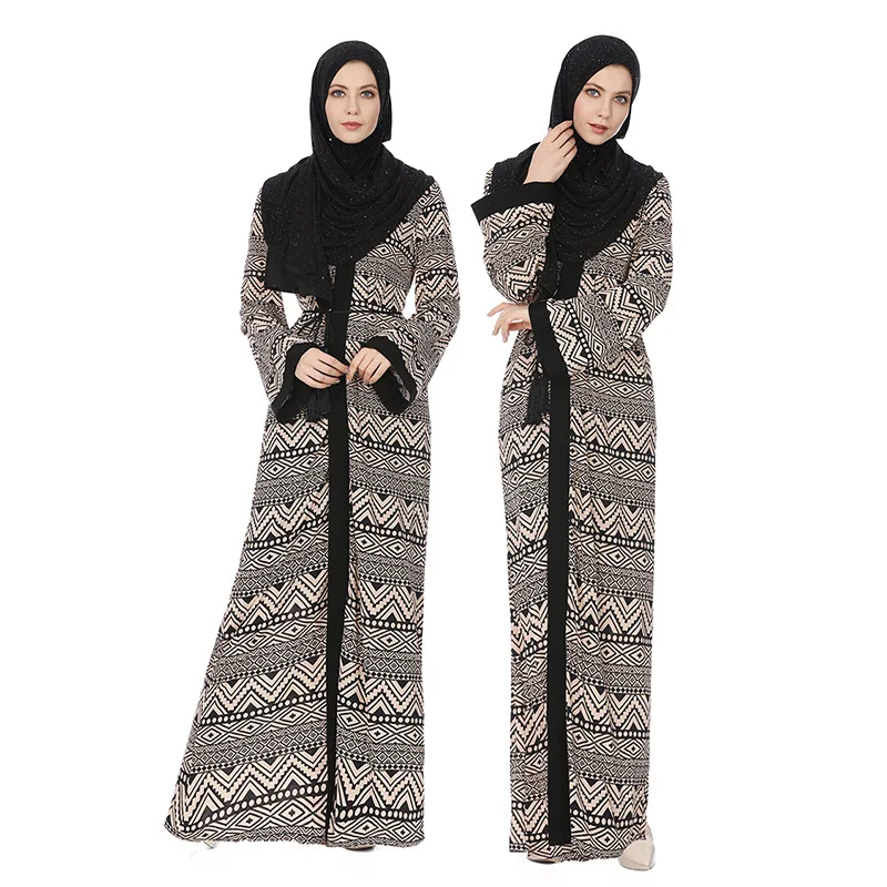 Muslim Dress Abaya in Kimono Style Square Pattern Generous Print Women Cardigan