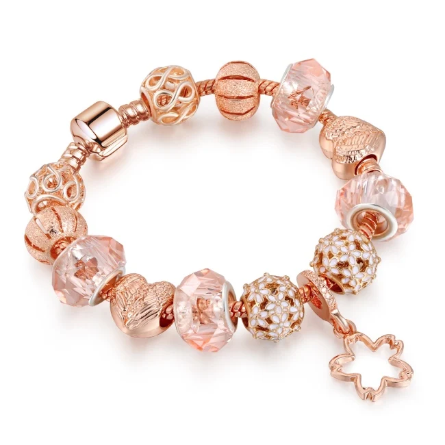 

New Design Rose Gold Handmade Crystal Glass Ball Bangle Heart Charm DIY Bead Bracelet
