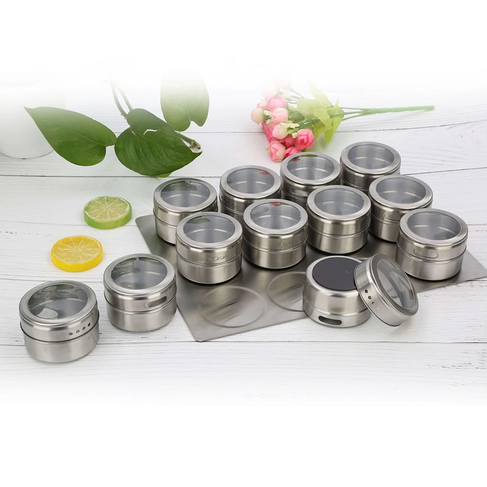 

12 pcs Stainless Steel Magnetic Spice Jar Bottle Shaker Tins Set With Steel board