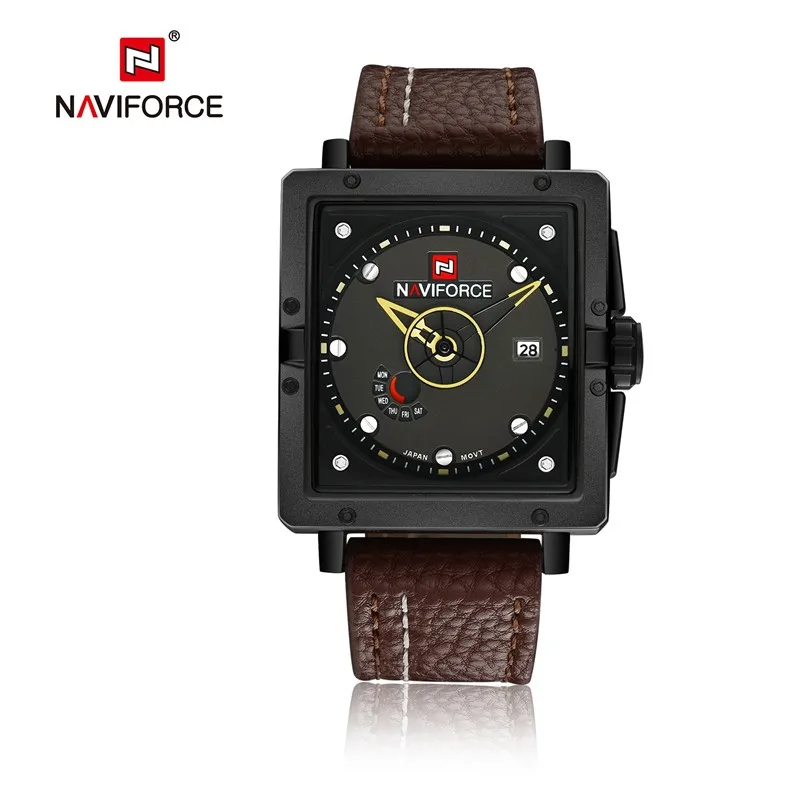 

top famous naviforce 9065 luxury watch men business leather strap date analog watch square quartz fashion military brand watch