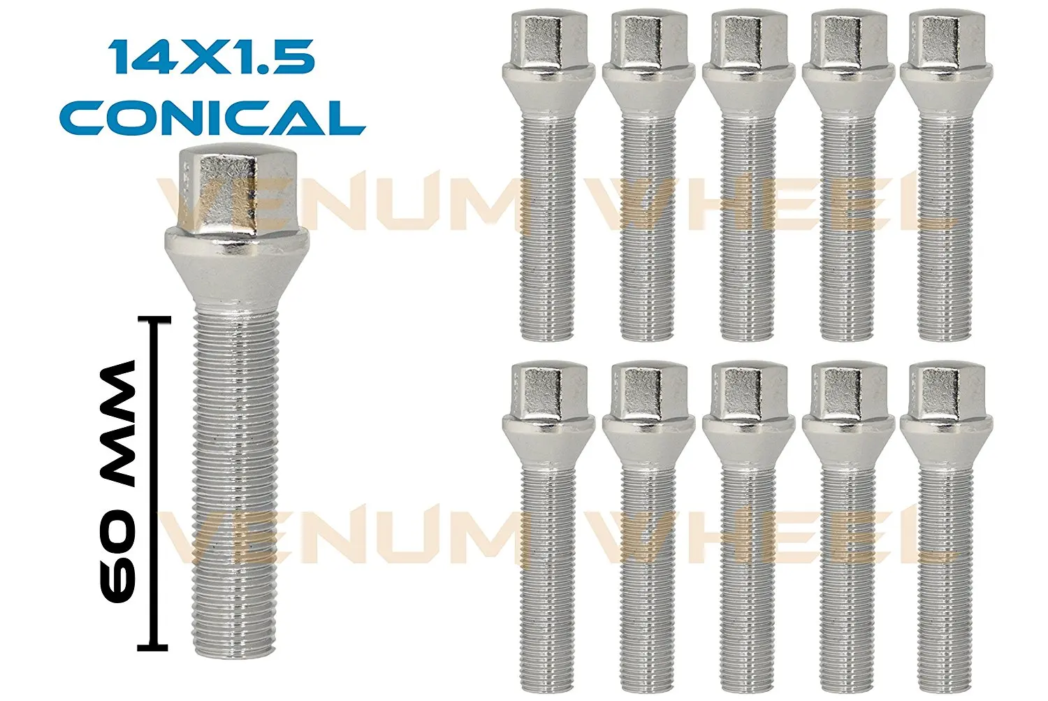 10 Extended Lug Bolts 14x1.5 Cone Seat Lug Bolts 60mm Shank Chrome Conical Seat Fits Audi Bmw Mercedes Benz Volkswagen With Aftermarket Wheels