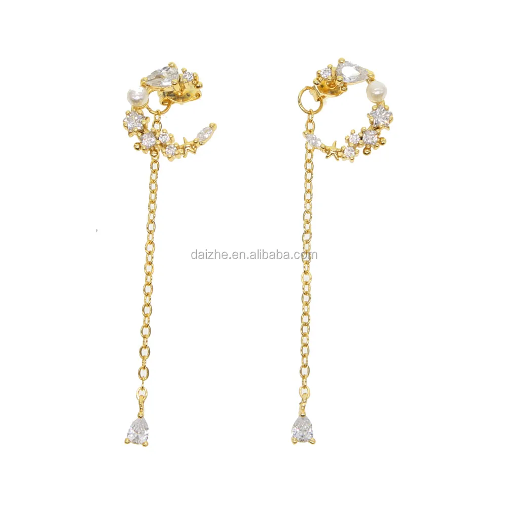 

2021 newest moon earring with chain paved wedding earring for women wedding jewelry