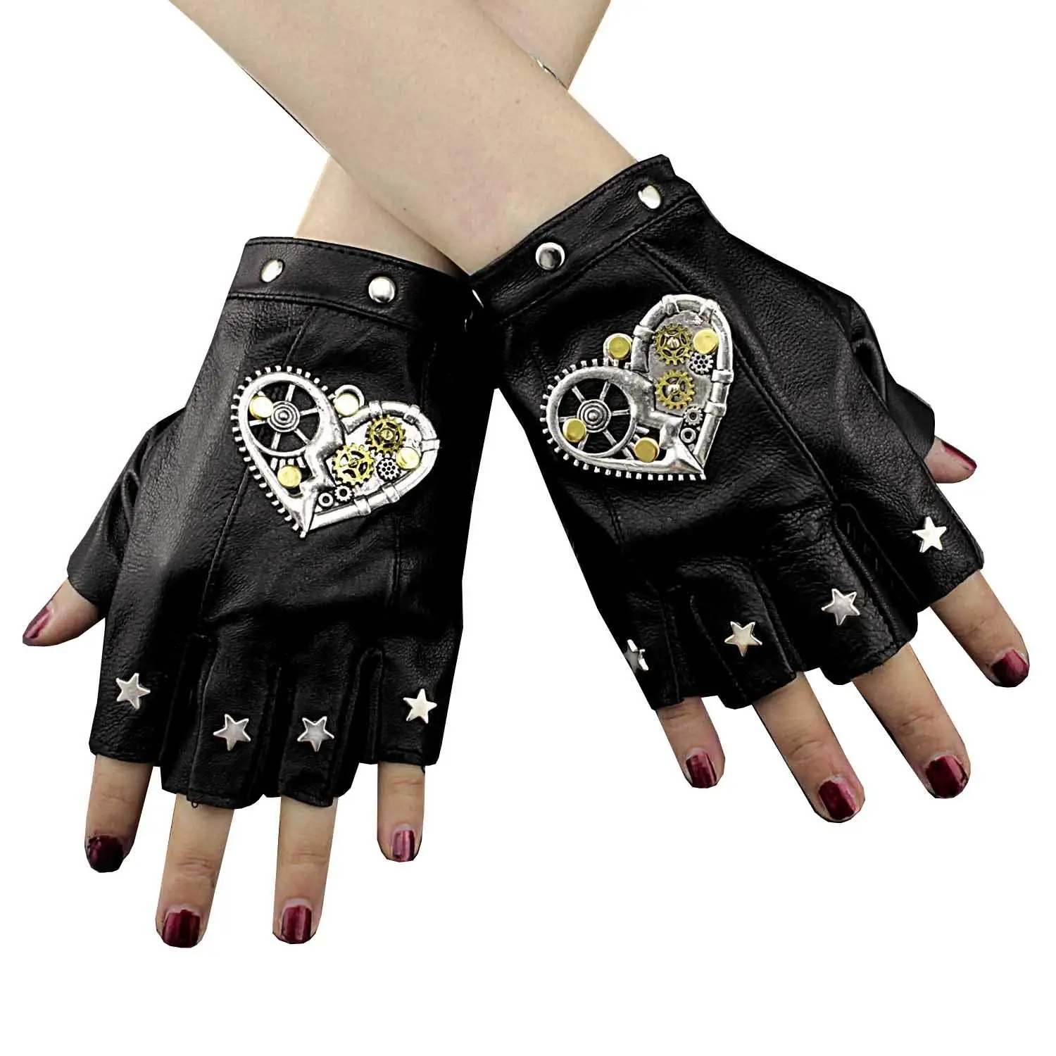 Skull Studded Punk Rock Biker Driving Women/'s Leather Fingerless Gloves