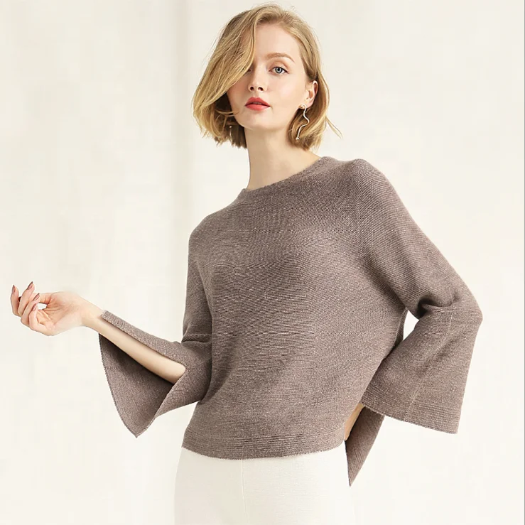

Free shipping ladies round neck flared long sleeve casual sweater