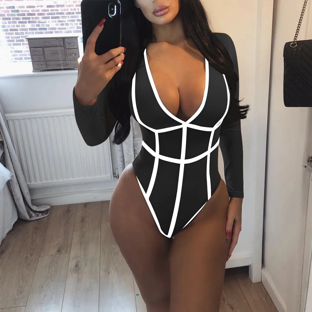 

TOB Sexy Women's Deep V-Neck Long Sleeve One Piece Bathing Suit Sexy Triangle Bodysuit Stripe Jumpsuits