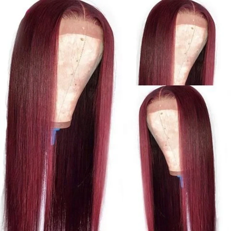 Bleached Knots Burgundy Red Straight Pre-Plucked Brazilian Remy Human Hair Lace Front Wigs