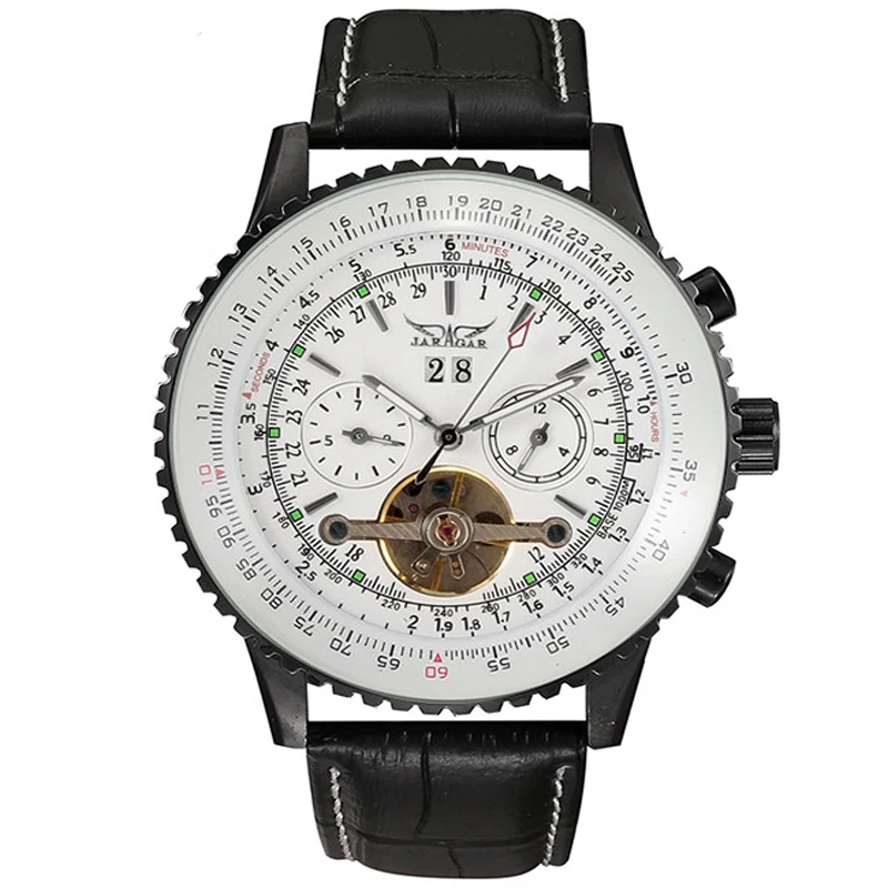 

Top 10 luxury watch brand classic black leather band date week automatic mechanical movement luxury jaragar tourbillon men watch