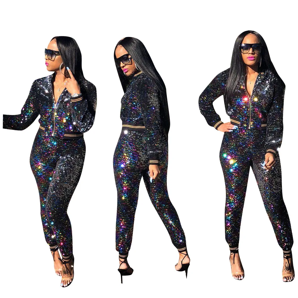 

Night club sexy women's sequins long-sleeved zipper set shinning fashion suit jumpsuit