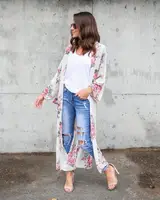 

2019 Women Chiffon Kimono Cardigan Floral Printed Long Sleeve Blouse Summer Beach Cover Up Long Tops Loose Ladies Shirts