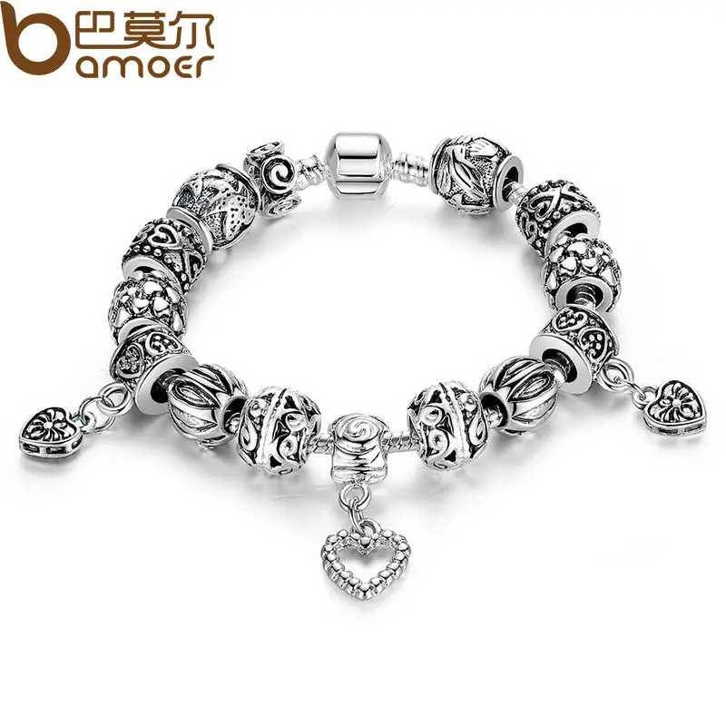 Antique Silver Charm Bracelet Bangle Silver 925 With Heart Pendant for Women Wedding Vintage Jewelry PA1431