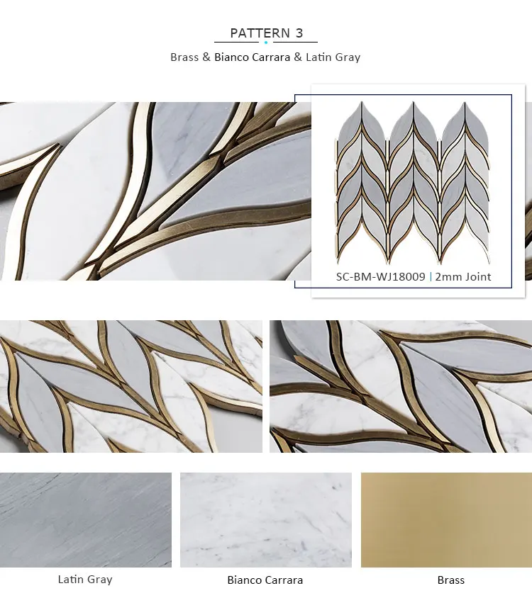 Leaf Shape Water jet Italy Statuario Mixed Grey Marble and Brass Mosaic Tile Waterjet Mosaic Tile