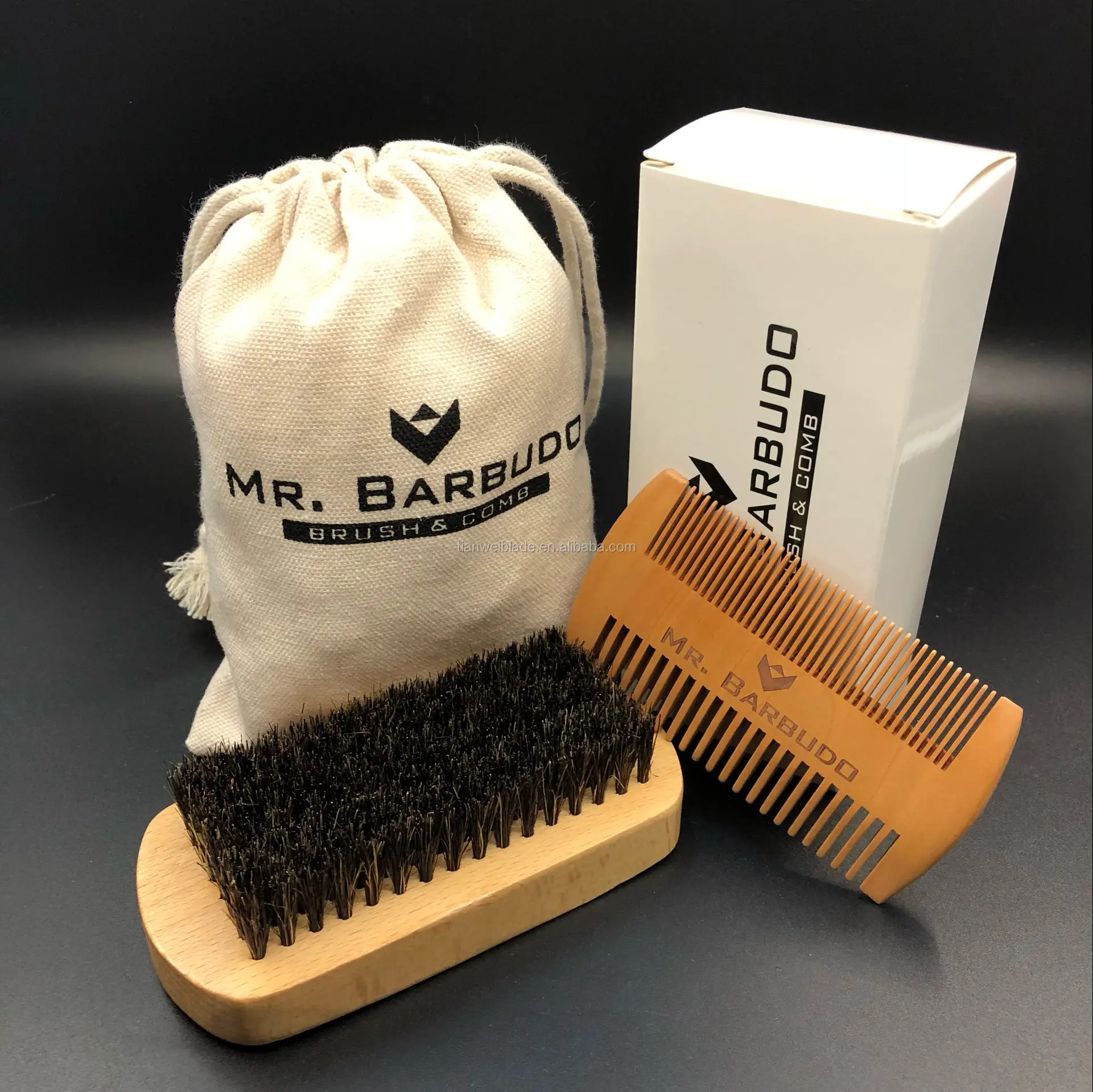 Beard Brush & Comb Kit For Men Gift Box & Nylon Bag All Natural