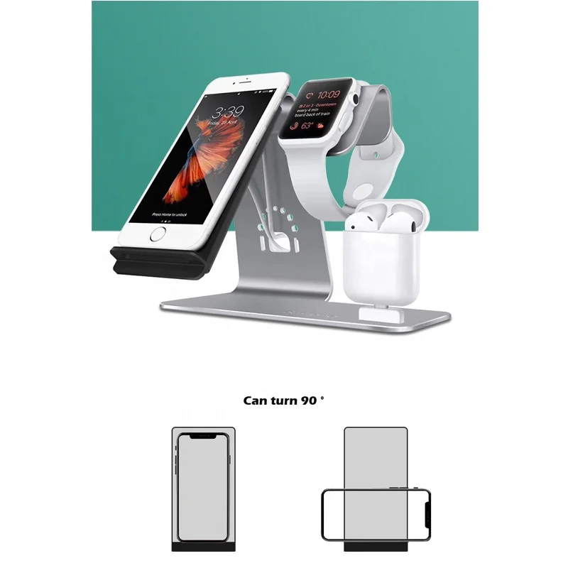 

Aluminum Alloy Metal Phone Stand 3in1 Qi Wireless Charger for Apple iPhone8/8 Plus/X/XR Max for Apple Watch for air pod, Black white