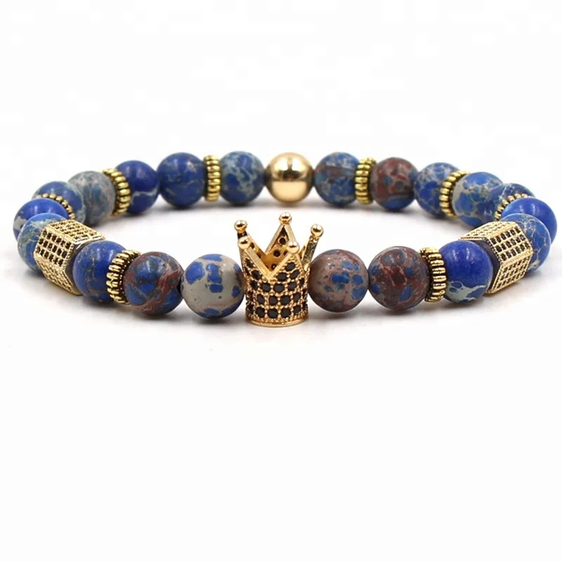 

Trendy Imperial Jasper Crown Charm Men bracelets Natural Stone Beads Women Men Jewelry Pulseras Mujer CZ Paved