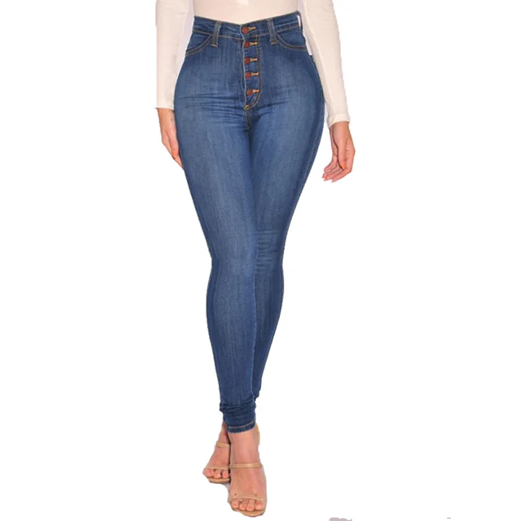 

Latest Design Women Slim 5 Metal Button Slim Fashion Jeans High Waist