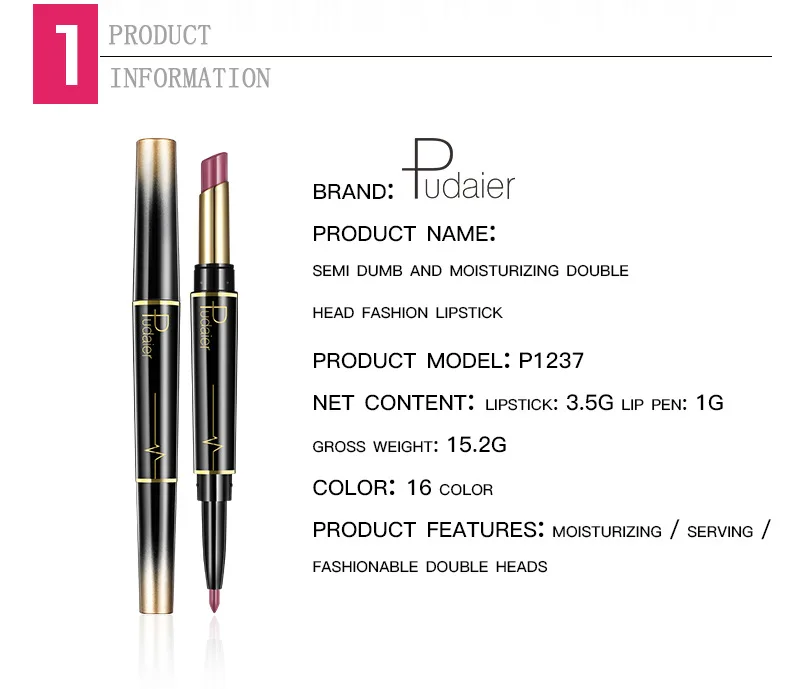 Pudaier 16 Colors 2 In 1 Lip Liner Pencil Lipstick Lip Beauty Makeup Waterproof Double