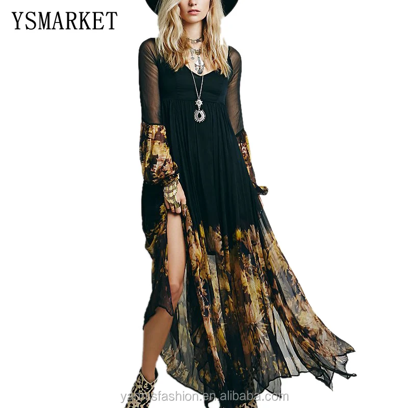 

New Summer Women Maxi Dress Long Sleeve O-neck Black Vintage Flower Print Party Summer Long Dress Casual vestido E8109