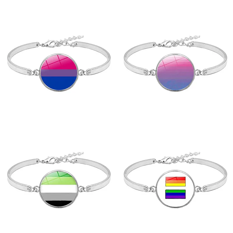 

Wholesale Pink Blue Green Bi Pride Jewelry Lesbians Gay Pride Glass Cabochon rainbow bracelet