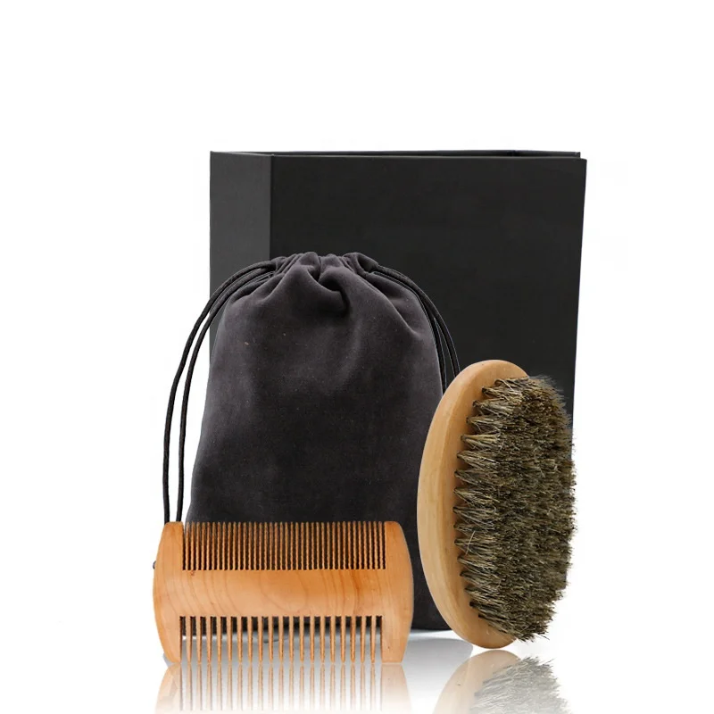OEM Private Label Mens Face Hair Growth Boar Bristle Wooden Beard Mustache Brush And Comb Kit