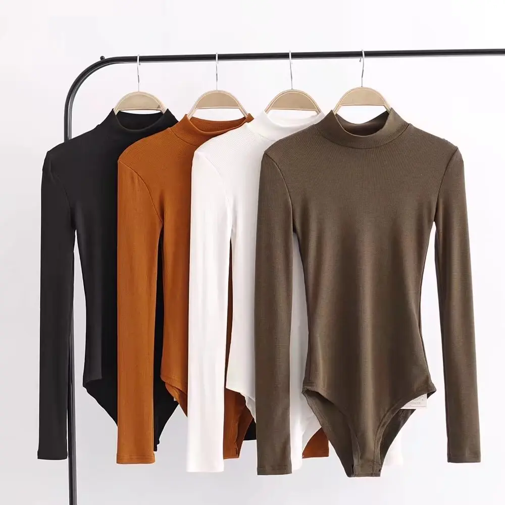 fashion Adult Cotton Spandex girl Rollover Turtleneck long sleeve bodysuit for Women